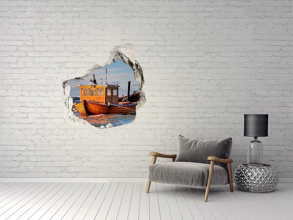 Hole wall sticker A bay with a fishing boat
