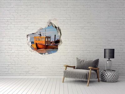 Hole wall sticker A bay with a fishing boat