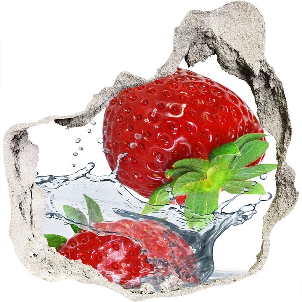3D wall hole wallpaper Juicy strawberries in a water explosion