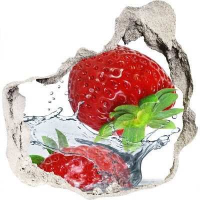 3D wall hole wallpaper Juicy strawberries in a water explosion