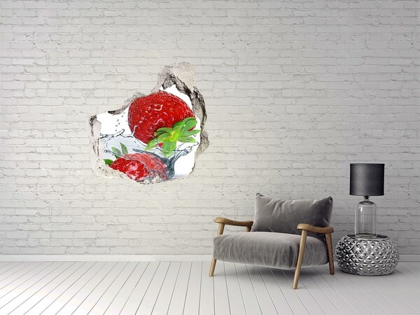 3D wall hole wallpaper Juicy strawberries in a water explosion