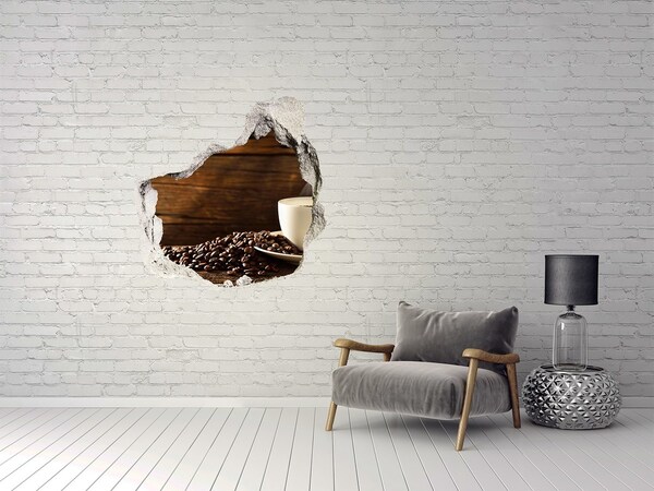 Hole wall sticker Coffee and beans on a wooden background