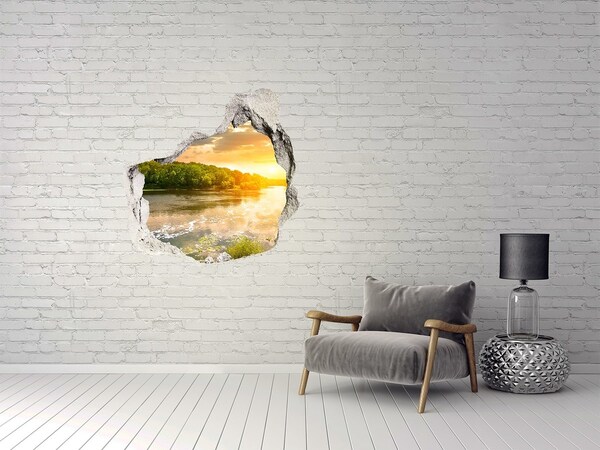 3D wall hole Sunset over the river