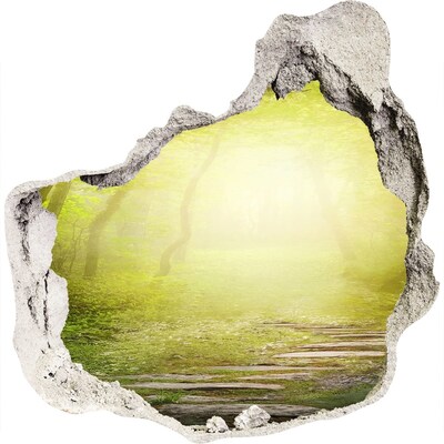 3D wall hole wallpaper Green forest in the sun's rays
