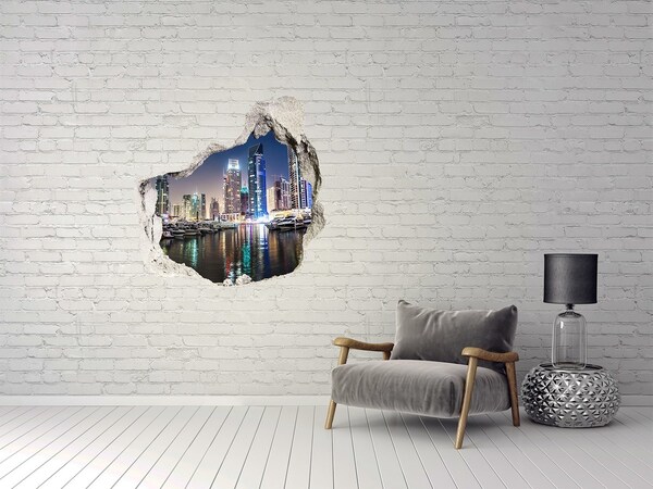 3D wall hole wallpaper A modern city by the water