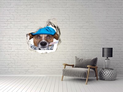 Hole in the wall sticker Sick dog in a hat