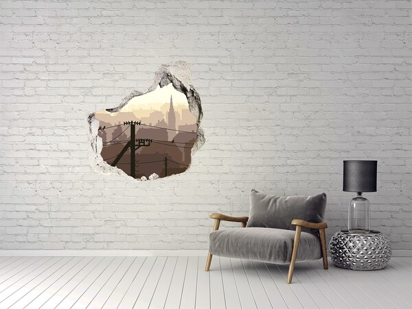 3D wall hole View of the city through a hole in the wall