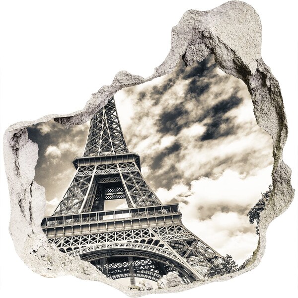 3D wall hole The Eiffel Tower in the clouds