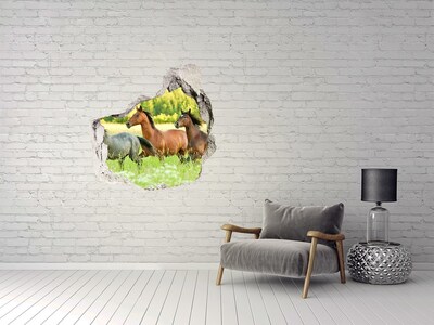 3D wall hole wallpaper Running horses in nature