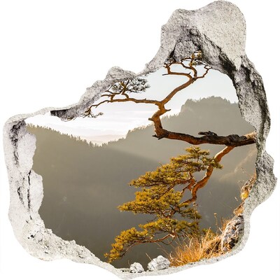 3D wall hole Mountain landscape with a tree