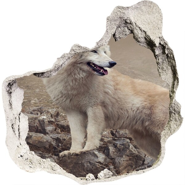 Hole wall sticker White wolf on the rock