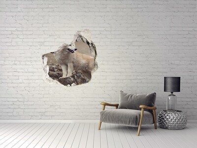 Hole wall sticker White wolf on the rock