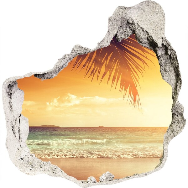 3D wall hole wallpaper Tropical beach at sunset