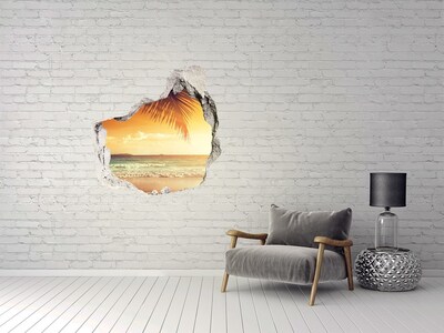 3D wall hole wallpaper Tropical beach at sunset