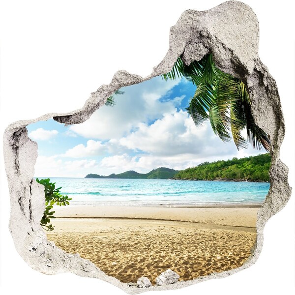3D wall hole wallpaper Tropical beach with palm trees