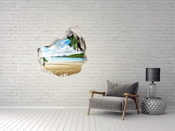 3D wall hole wallpaper Tropical beach with palm trees