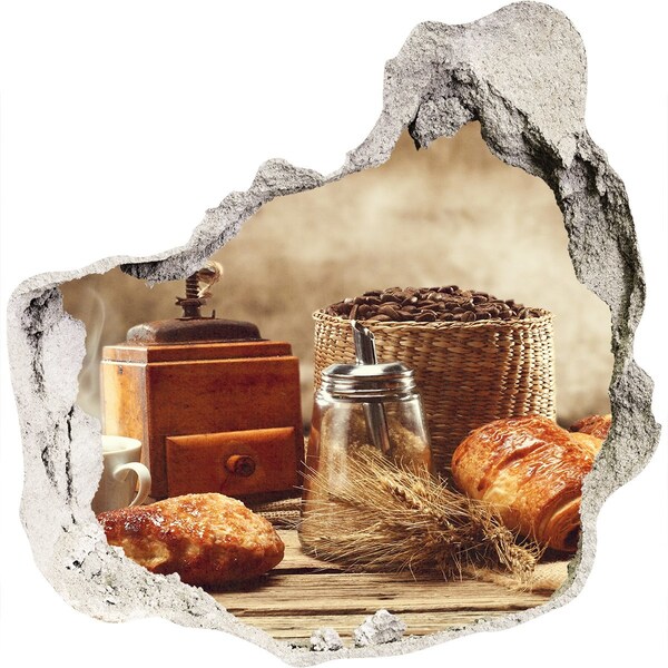 3D wall hole Morning coffee and fresh bread