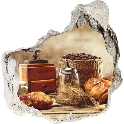 3D wall hole Morning coffee and fresh bread