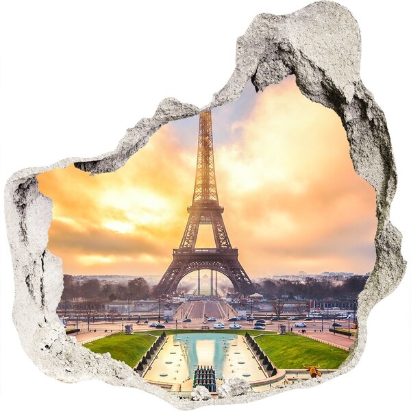 3D wall hole The Eiffel Tower at sunrise
