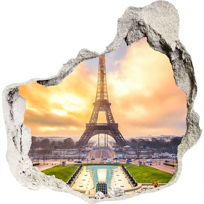 3D wall hole The Eiffel Tower at sunrise