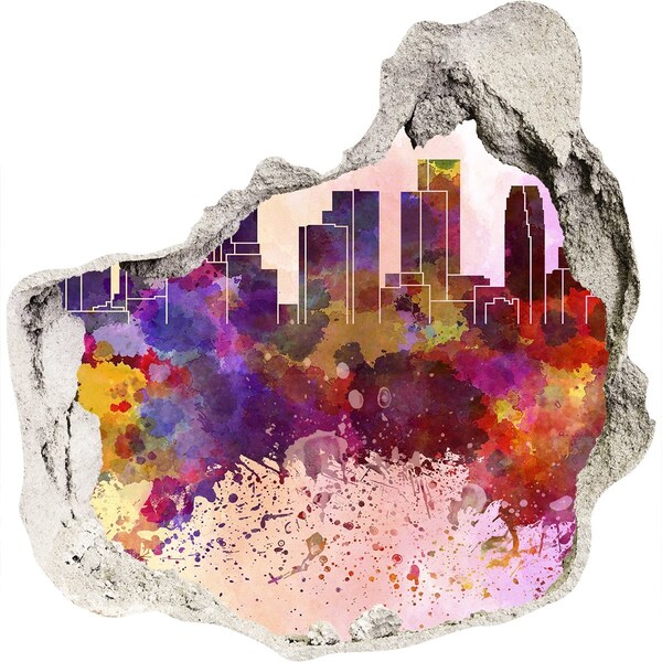 3D wall hole wallpaper A cityscape in rainbow colors