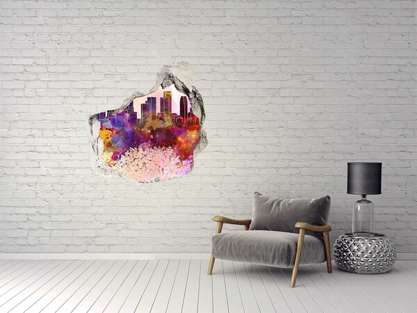 3D wall hole wallpaper A cityscape in rainbow colors