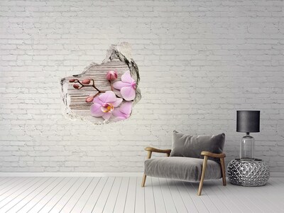 Hole in the wall decal Orchid flowers on a wooden background