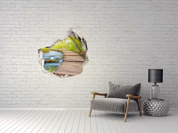 3D wall hole wallpaper Forest path by the river