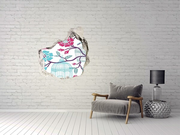 Hole in the wall decal Floral motif with bird cages