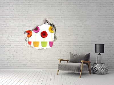 3D wall hole wallpaper Flowers in pots through a hole in the wall
