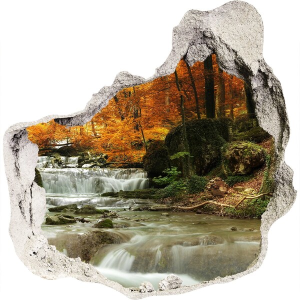 3D wall hole wallpaper Autumn waterfall in the forest