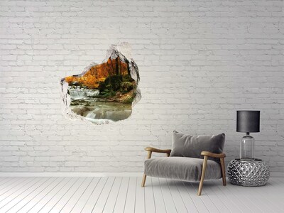 3D wall hole wallpaper Autumn waterfall in the forest