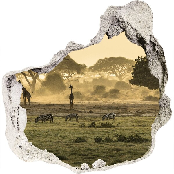 Hole wall sticker African savanna with giraffes and zebras
