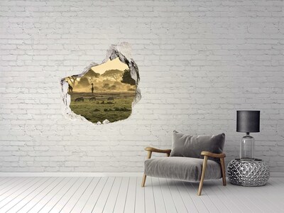 Hole wall sticker African savanna with giraffes and zebras