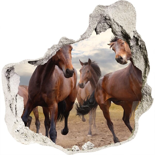 3D wall hole A herd of horses in the meadow