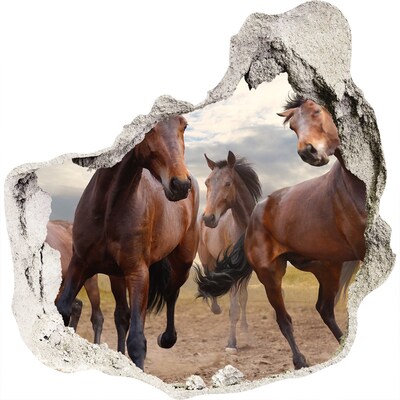 3D wall hole A herd of horses in the meadow