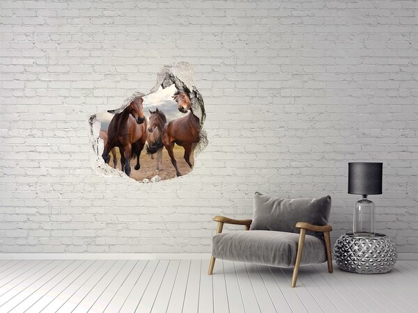 3D wall hole A herd of horses in the meadow