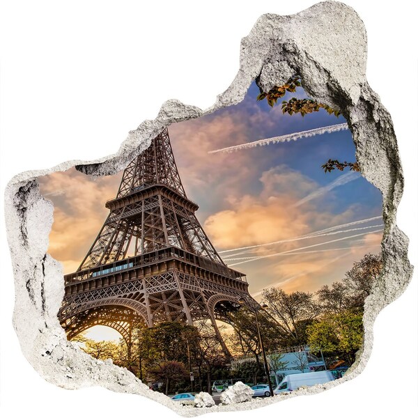 3D wall hole wallpaper Eiffel Tower in the setting sun
