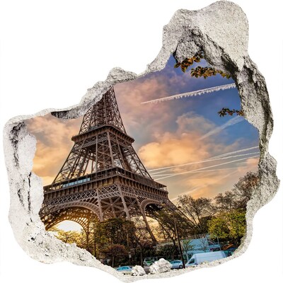 3D wall hole wallpaper Eiffel Tower in the setting sun