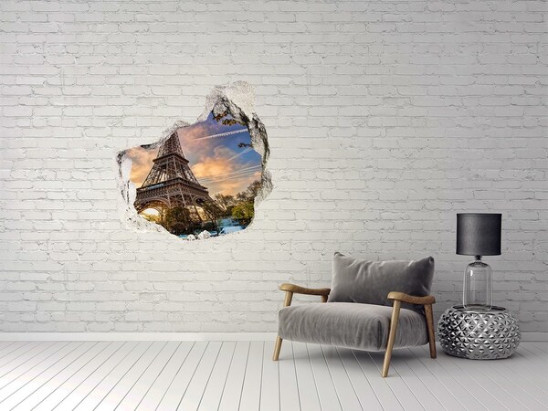 3D wall hole wallpaper Eiffel Tower in the setting sun