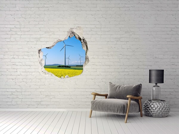 3D wall hole wallpaper Windy farms in green fields