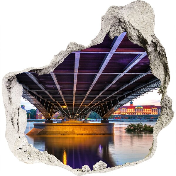 3D wall hole wallpaper Bridge over the river