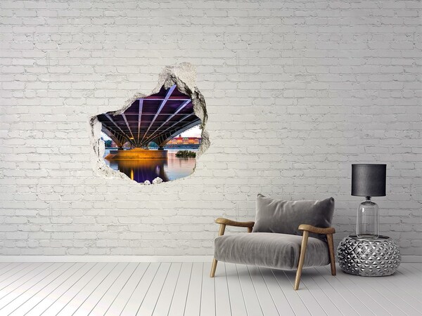 3D wall hole wallpaper Bridge over the river