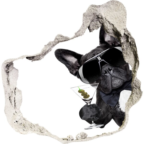 3D wall hole Stylish dog with a drink