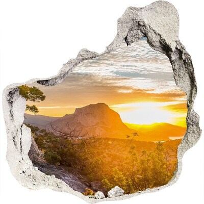 3D wall hole wallpaper Sunset in the mountains