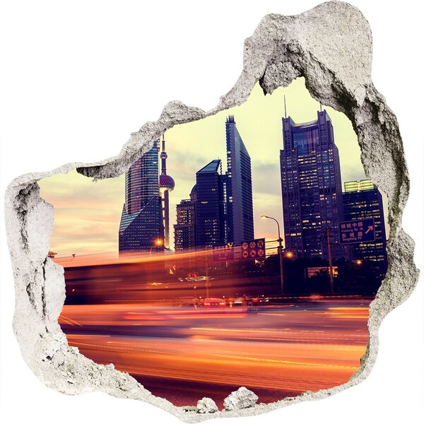 3D wall hole wallpaper Shanghai at night