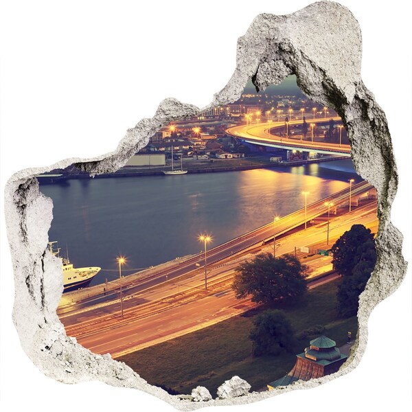 Hole wall sticker View of the city at night