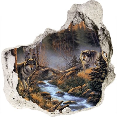 3D wall hole wallpaper Wolves in the forest landscape