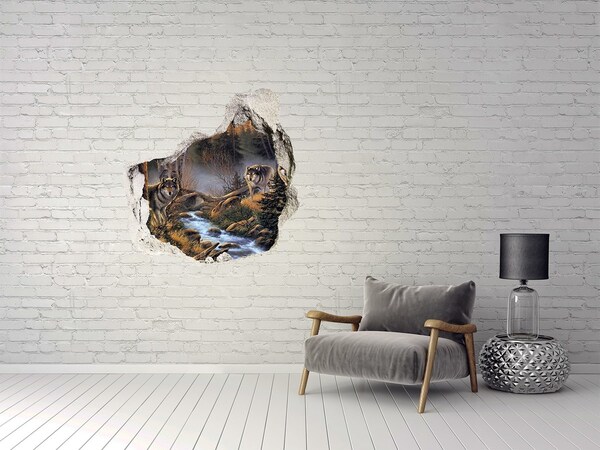 3D wall hole wallpaper Wolves in the forest landscape