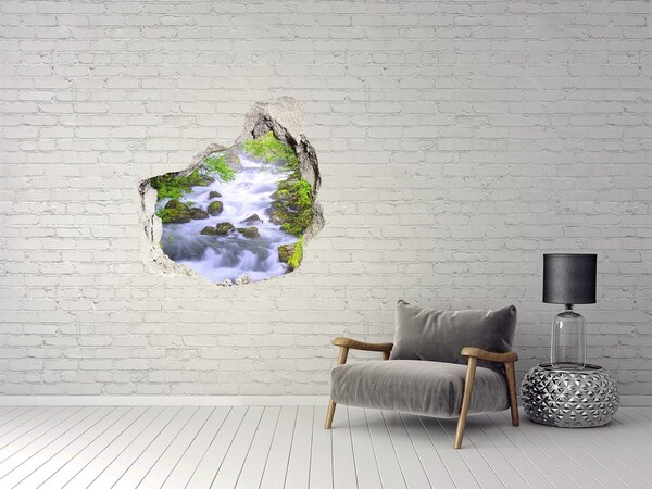 3D wall hole wallpaper Waterfall in the green forest